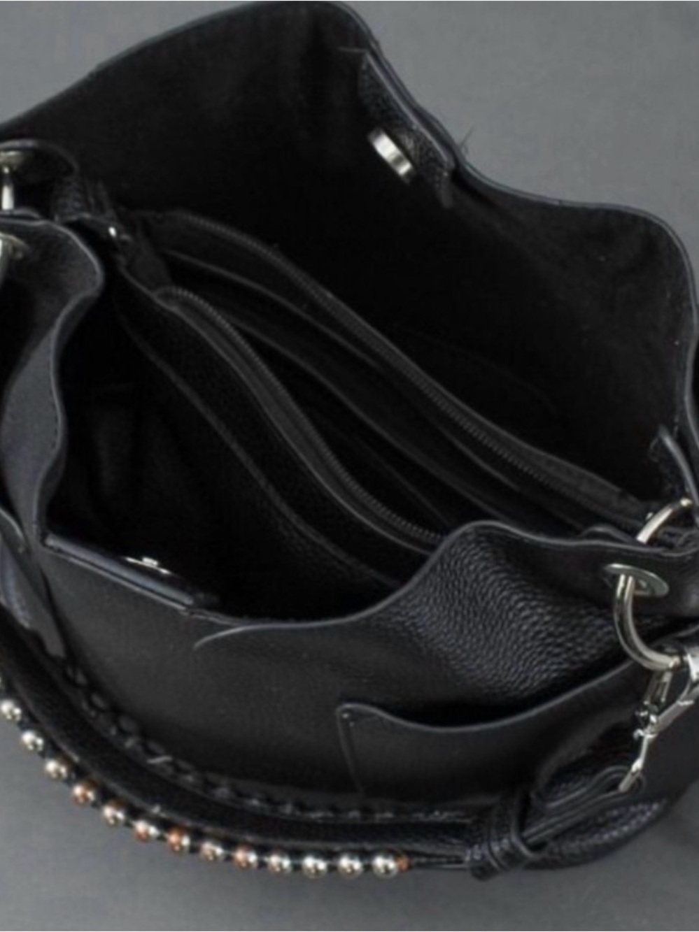 Steve Madden Black Pebbled Faux Leather Stud-Trim Bucket Bag - Picture 7 of 16